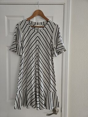 Anthropologie Black & White Striped Ruffle-Sleeve Mini Dress